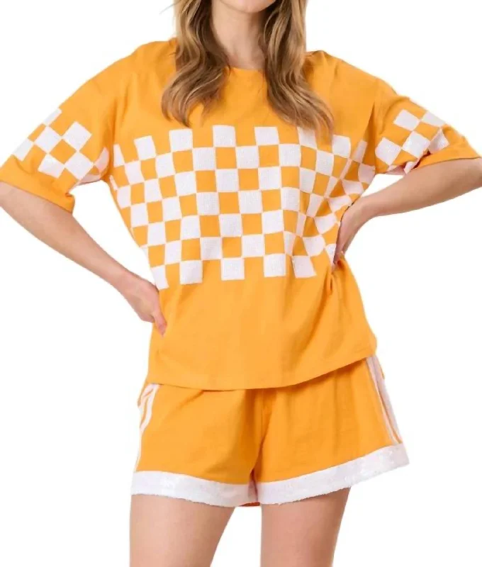 Sequins Checker Short Sleeve Top In Orange