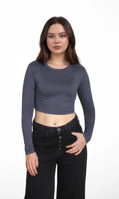 [ORIGINAL]Women Cropped Top Long Sleeve (Dark Grey)