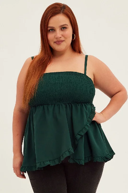 Green Peplum Top Sleeveless Shirred