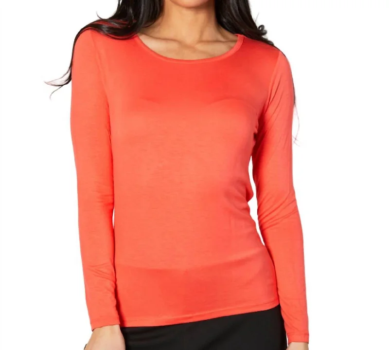 Long Sleeve Scoop Neck Top In Coral