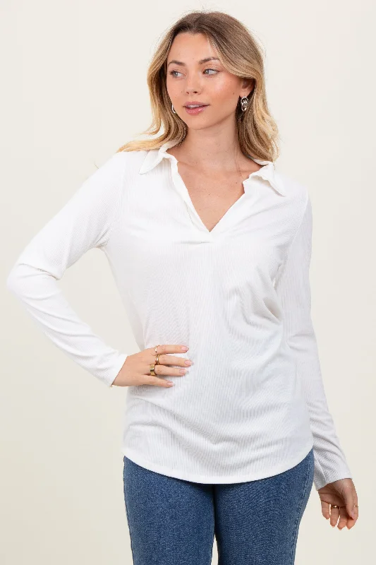 Ivory Ribbed Collared Long Sleeve Top