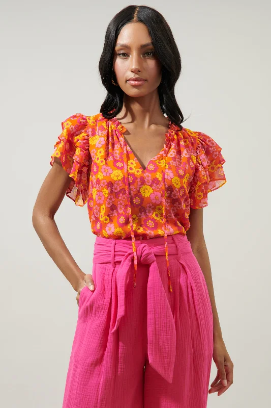 Kitt Floral Montie Ruffle Tie Neck Blouse