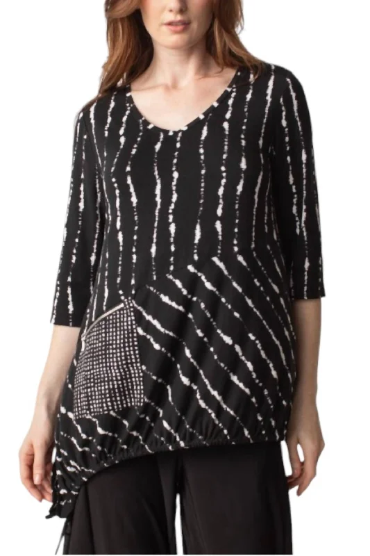 Stripe Drawstring Tunic Top In Black