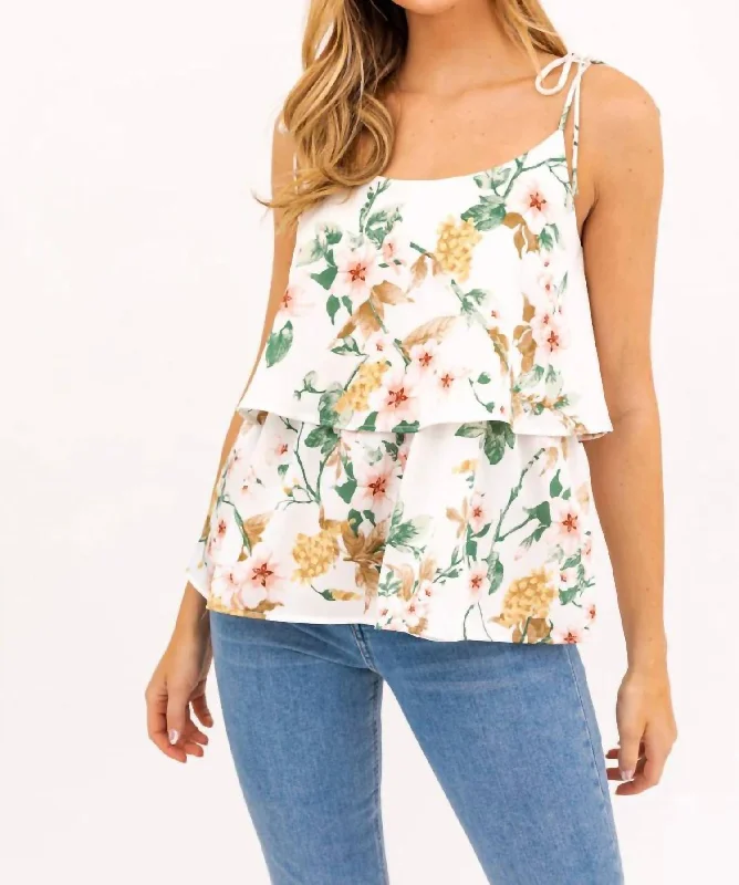 Sleeveless Ruffled Floral Top In Ivory/multi Floral