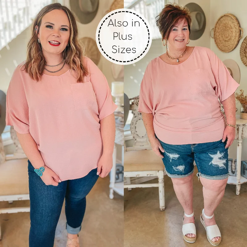 Last Chance Size 2XL | On Record V Neck Short Sleeve Shift Top with Front Pocket in Baby Pink