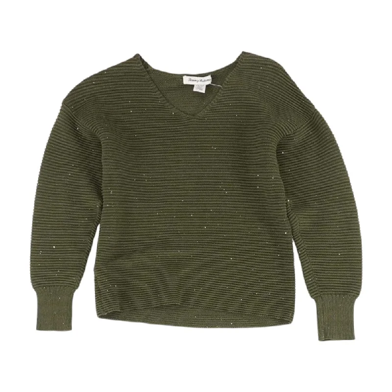 Green Solid V Neck Knit Top