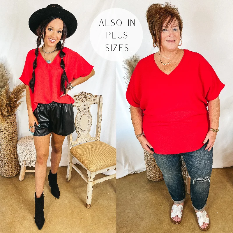 Last Chance Size Small | Lovely Dear V Neck Short Sleeve Solid Top in Red