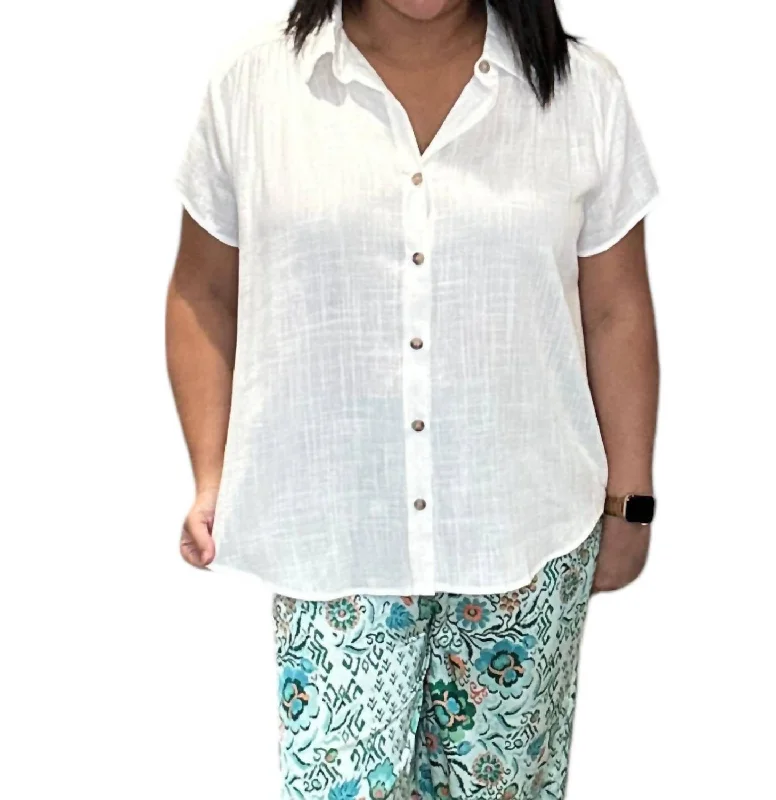 Shirred Short Sleeve Button Down Linen Top In Off White