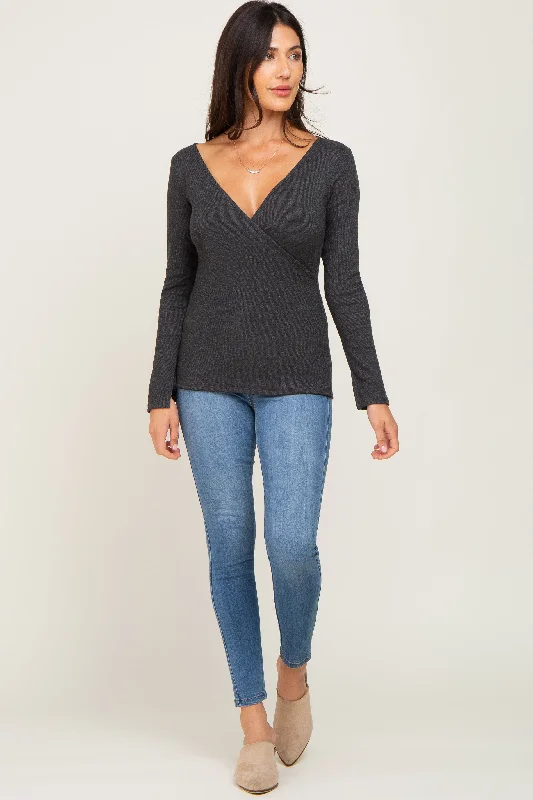 Charcoal Ribbed Long Sleeve Wrap Nursing Top