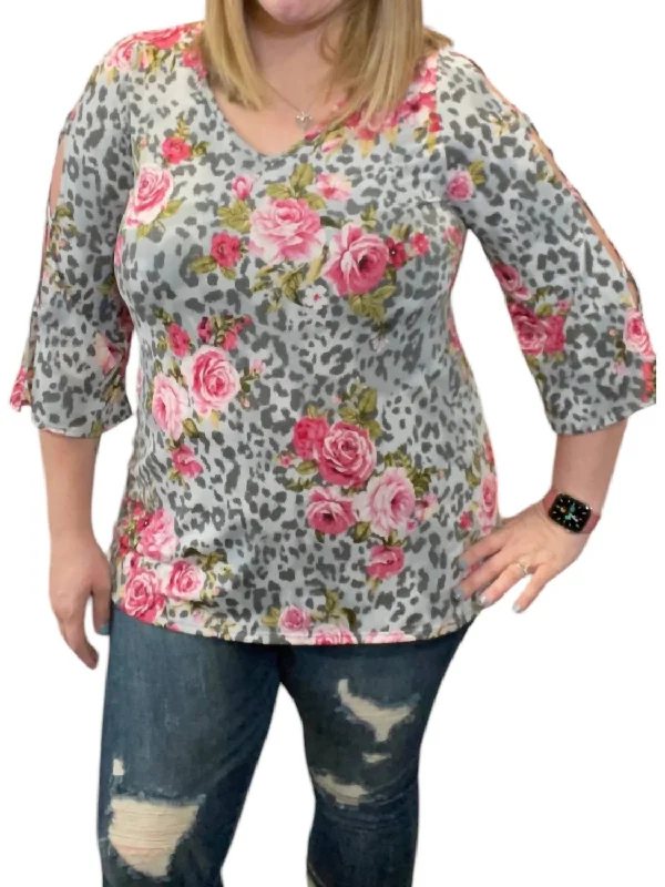 Shoulder Cutout Tunic Top In Grey Floral