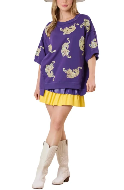 Tigers Sequins Embroidery Short Sleeve Top In Purple/yellow