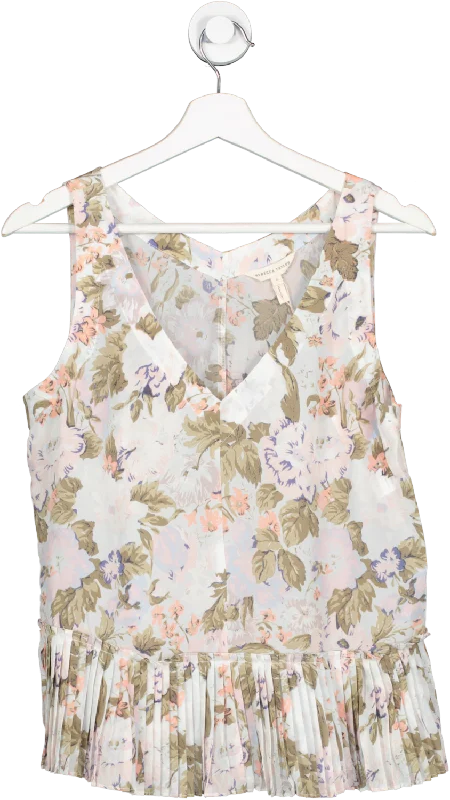 Rebecca Taylor Multicoloured Pastel Silk & Cotton Floral Penelope Sleeveless Pleated Peplum Top UK 10