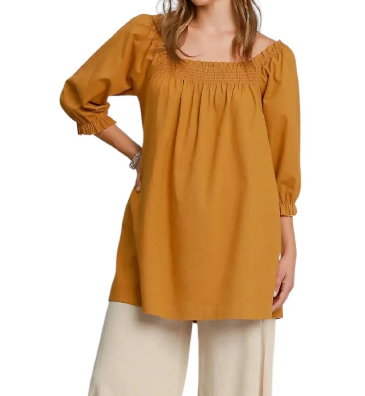 Ruched Neckline Tunic Top In Mustard