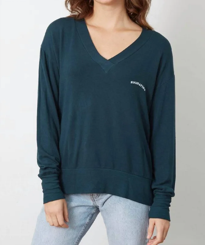 Holidaying V Neck Sweatshirt In Teal