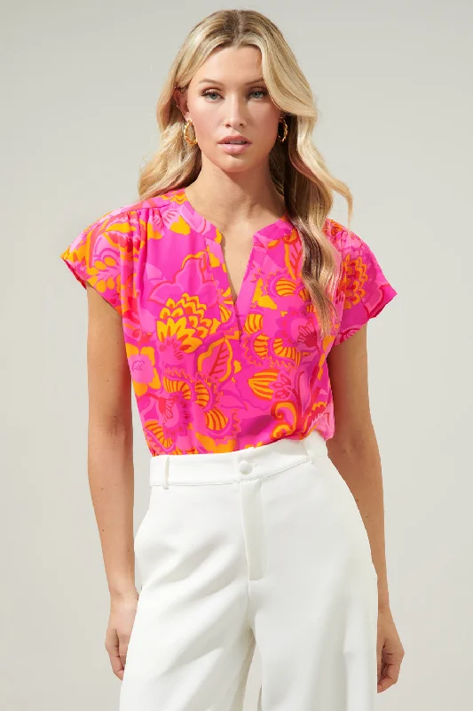 Lanai Tropics Split Neck Dolman Blouse