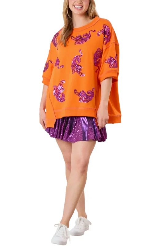 Tigers Sequins Embroidery Short Sleeve Top In Orange / Purple