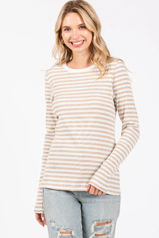 Beige Striped Long Sleeve Ribbed Top