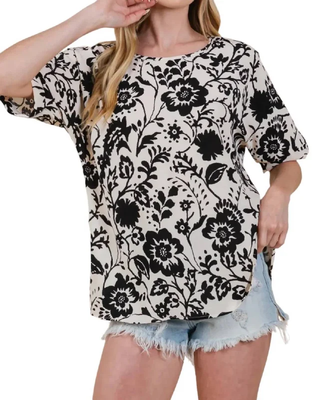 Floral Short Sleeve Top In Black/ivory