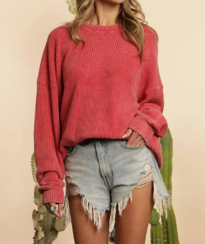 Waffle Mineral Dyed Loose Sweatshirt In Red