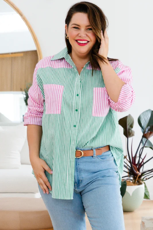 Final Sale | Perry Blouse Green/Pink Stripe