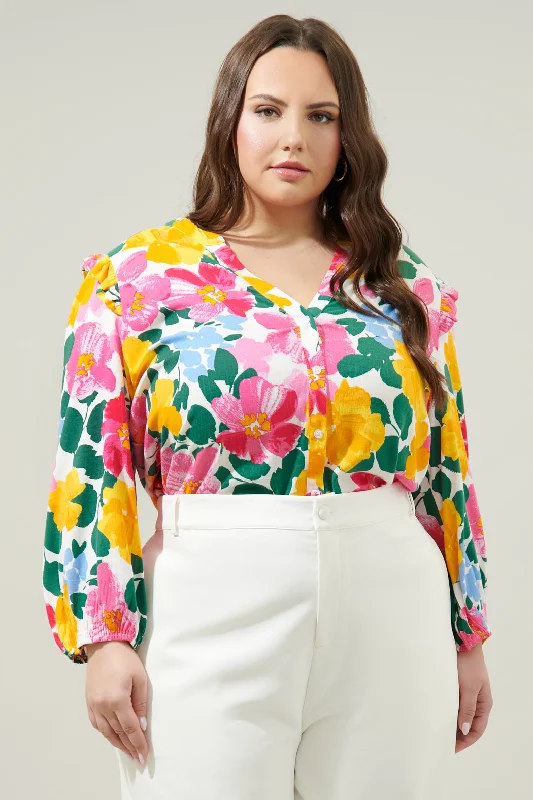 Kokomo Floral Martina Balloon Sleeve Button Down Blouse Curve