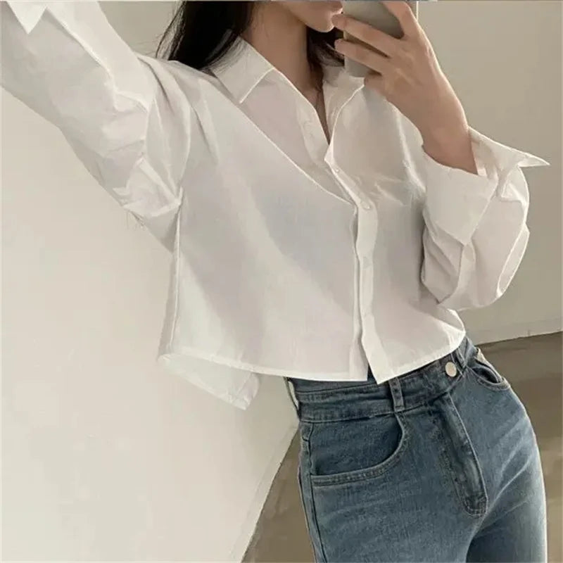 Women's Fashion Designer Crop Office Shirt Split Back Long-Sleeve Tops