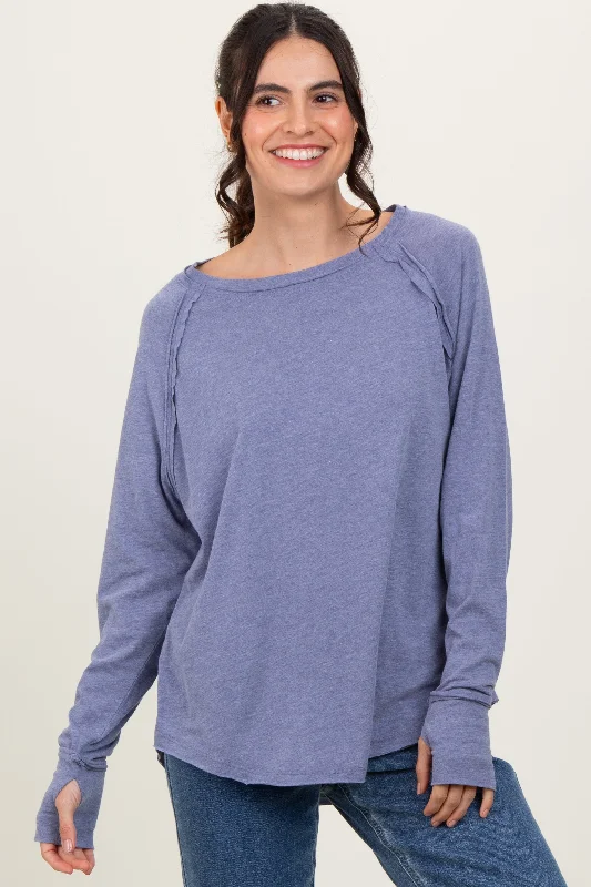 Light Navy Heather Exposed Seam Long Sleeve Top