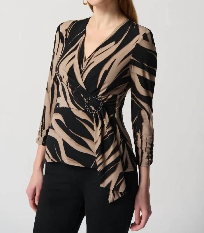 Abstract Print Silky Knit Top With Side Buckle In Black/latte