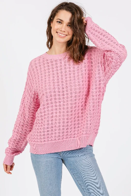 Pink Open Knit Long Sleeve Top