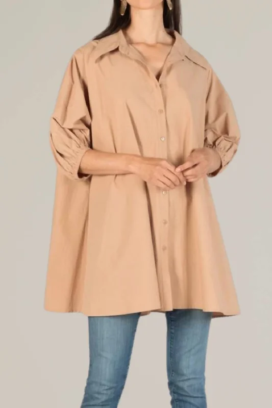 Poplin Puff Sleeve Button Down Tunic In Taupe