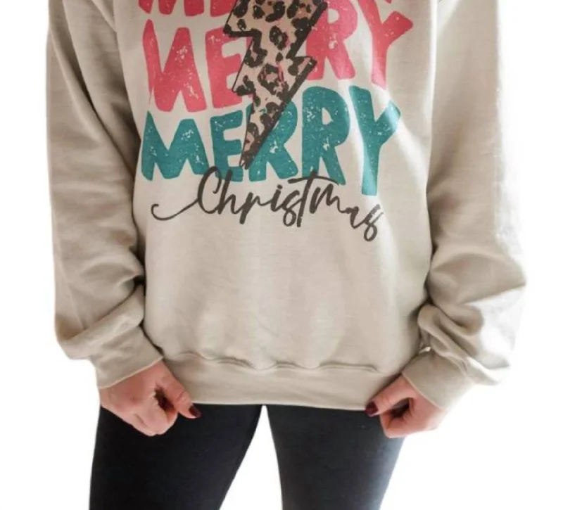 Merry Merry Merry Christmas Sweatshirt In Sand