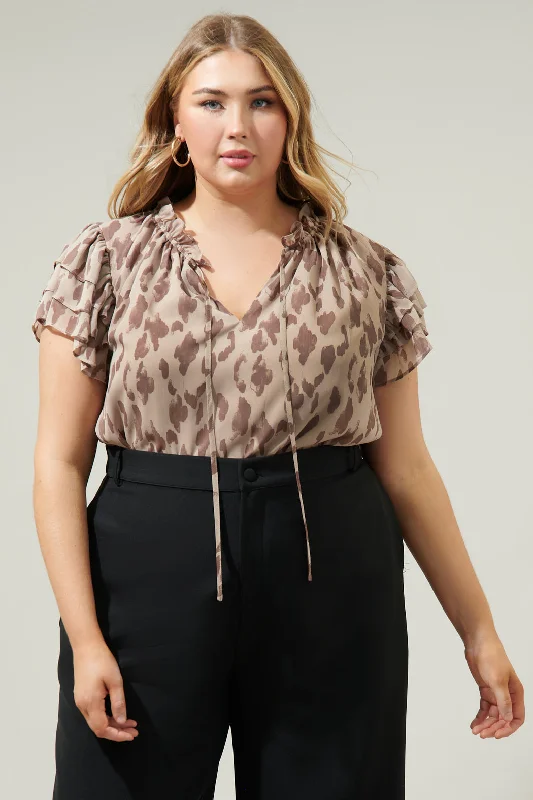 Sandalwood Leopard Montie Ruffle Tie Neck Blouse Curve