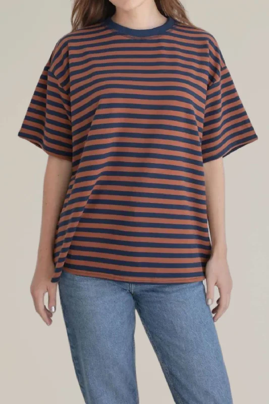 Striped Oversize Short Sleeve Tee In Brown/navy