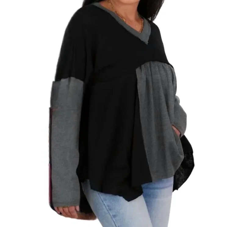 Long Sleeve V Neck Tunic Top In Black/grey