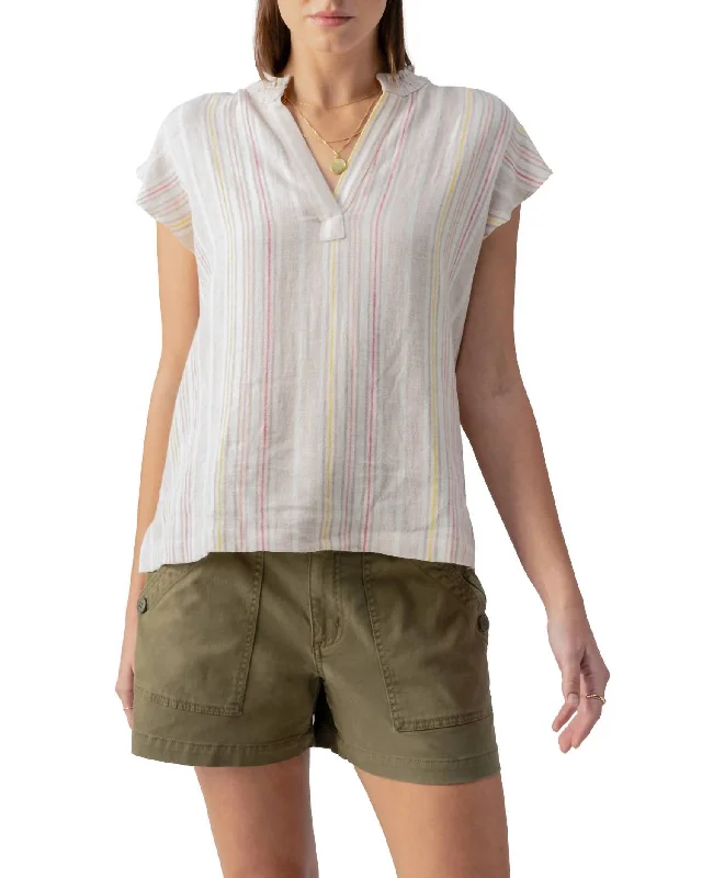 Split Neck Tunic Top In Patio Stripe