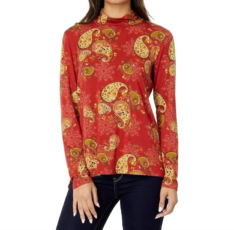 Paisley Lace Mock Neck Top In Orange