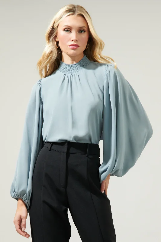 Sea Mist Figaro Balloon Sleeve Chiffon Blouse