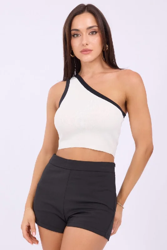 White One Shoulder Knit Crop Top Contrast