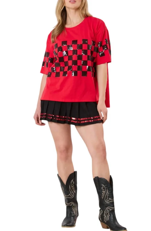 Sequins Checker Short Sleeve Top In Black&red