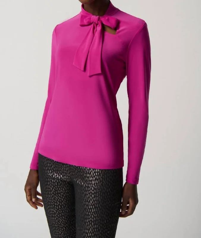 Long Sleeve Bow Neck Top In Opulence