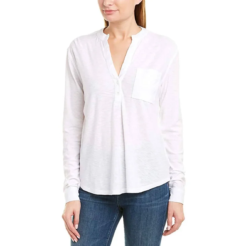 Women White V-Neck Slub Button Down T-Shirt