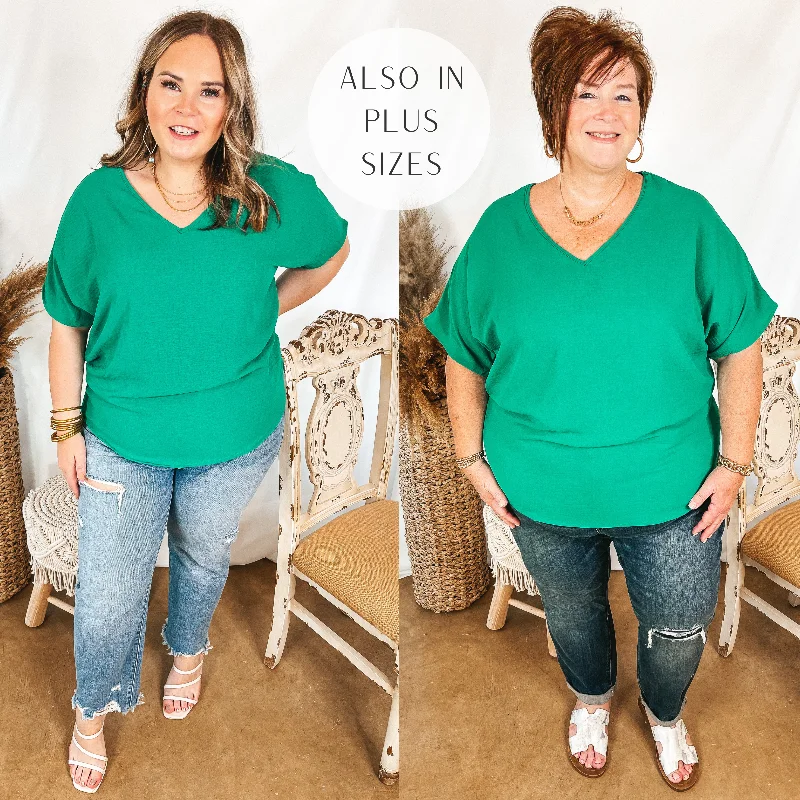 Last Chance Size Small | Lovely Dear V Neck Short Sleeve Solid Top in Green