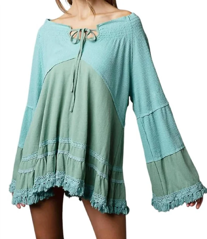 Oversize Notched Tie On Neck Ruffle Long Sleeve Tunic Top In Emerald Sage