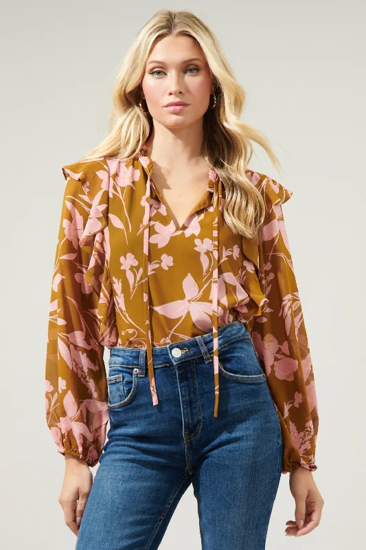 Magnolia Floral Chessie Balloon Sleeve Ruffle Blouse