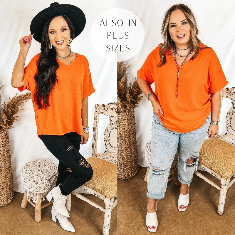 Last Chance Size Small | Lovely Dear V Neck Short Sleeve Solid Top in Orange