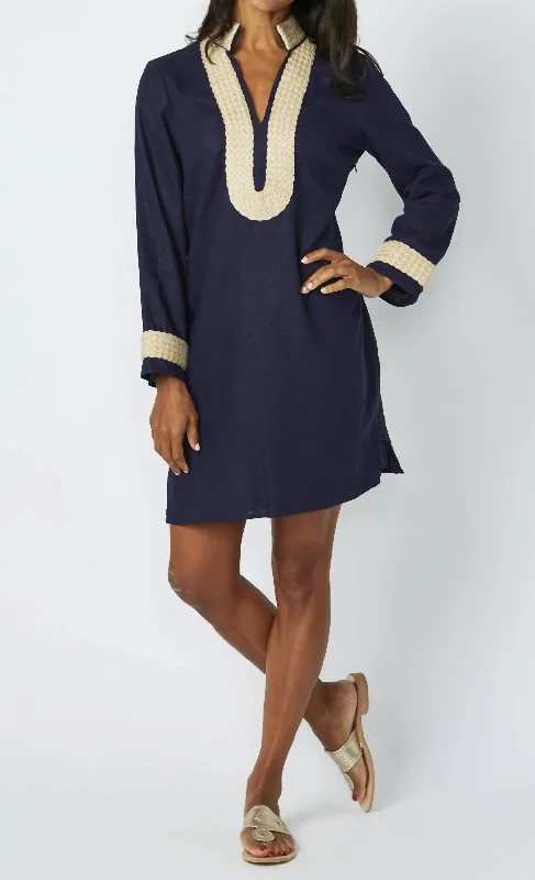 Long Sleeve Linen Tunic Top In Navy/gold