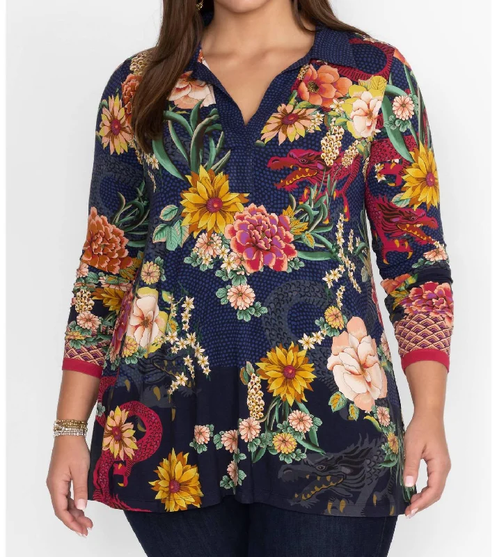 The Janie Favorite Long Sleeve Polo Swing Tunic In Multi