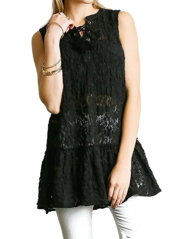 Lace Up Sleeveless Lace Tunic In Black